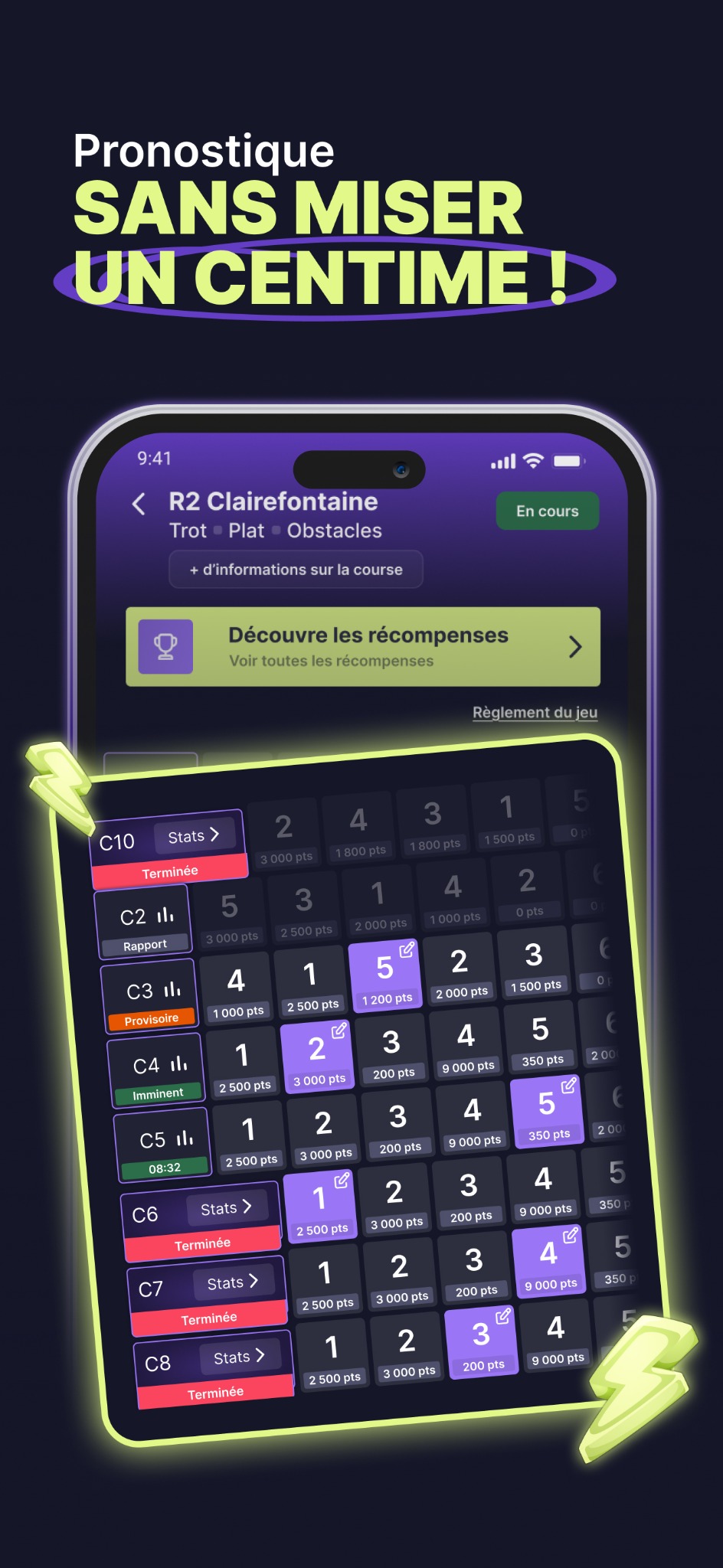 Capture d'écran TurfOne — compétition et grille de picks